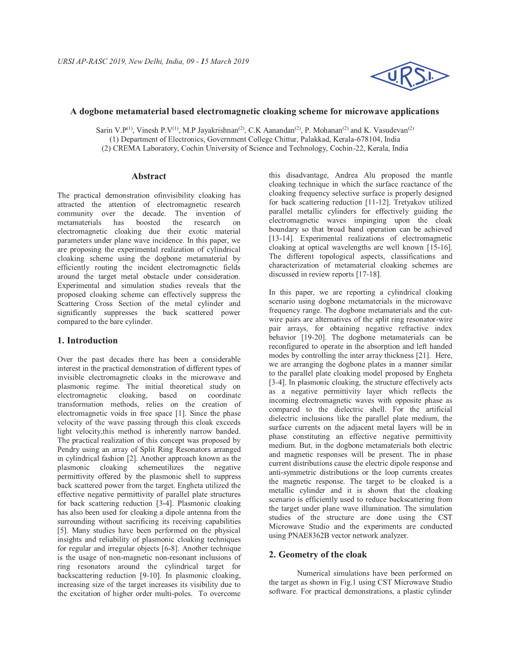 A Dogbone Metamaterial Based Electromagnetic Cloaking Scheme for Microwave Applications