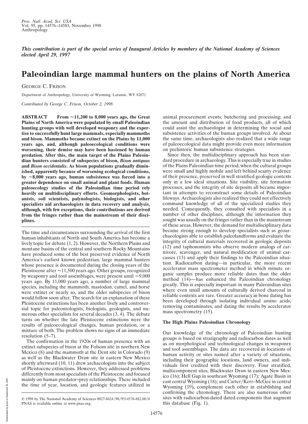 Paleoindian Large Mammal Hunters on the Plains of North America