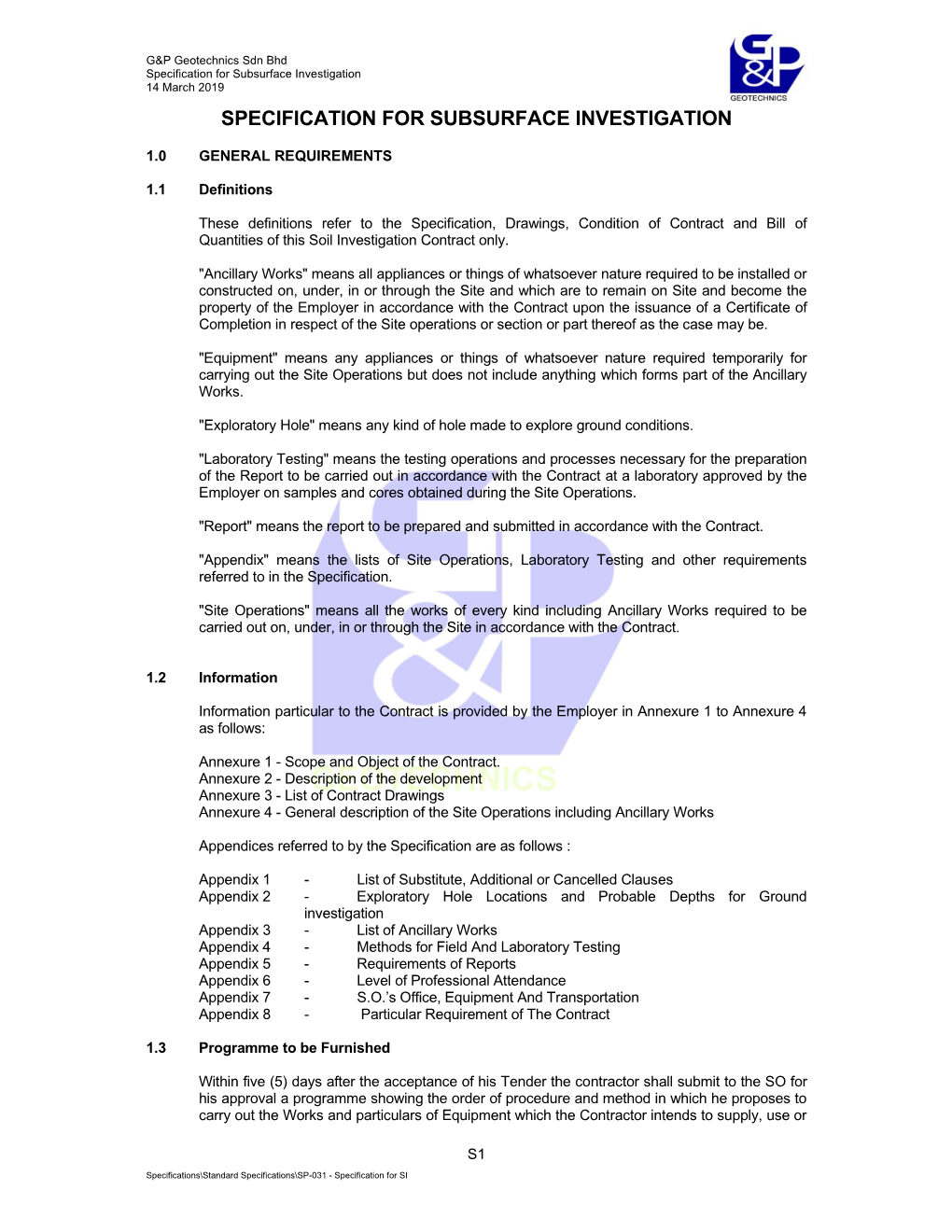 Specification for Subsurface Investigation 14 March 2019