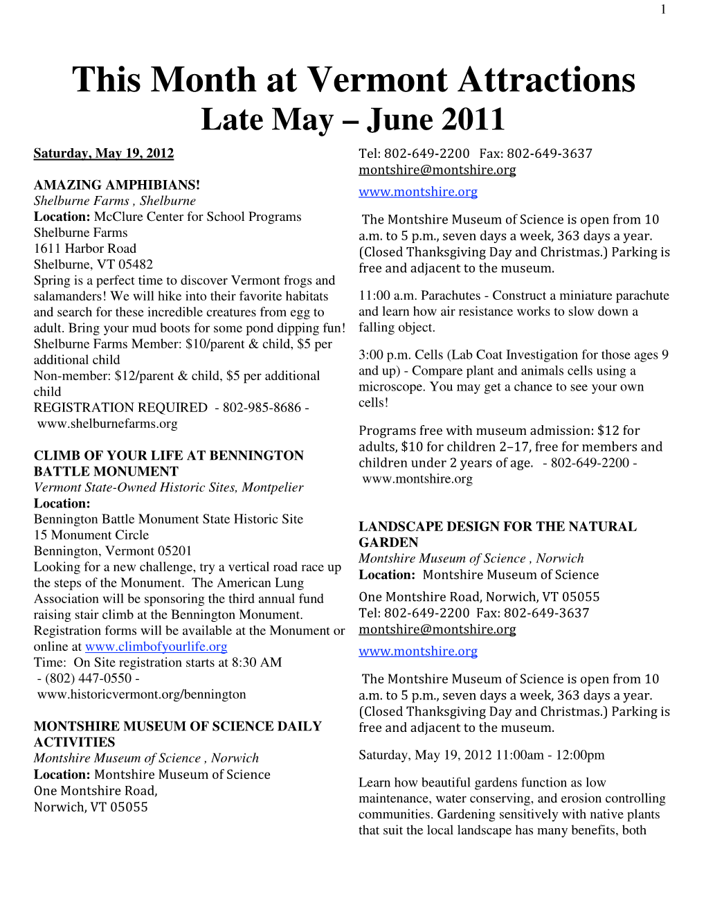 This Month at Vermont Attractions Late May – June 2011