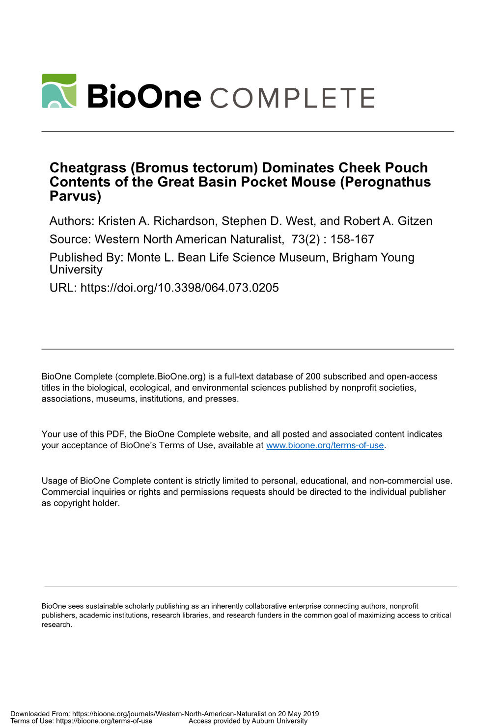 Dominates Cheek Pouch Contents of the Great Basin Pocket Mouse (Perognathus Parvus) Authors: Kristen A