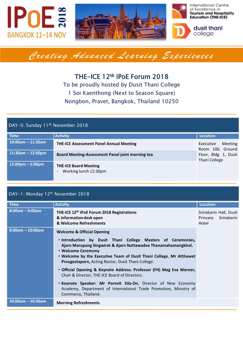 THE-ICE 12Th Ipoe Forum 2018 to Be Proudly Hosted by Dusit Thani College 1 Soi Kaenthong (Next to Seacon Square) Nongbon, Pravet, Bangkok, Thailand 10250