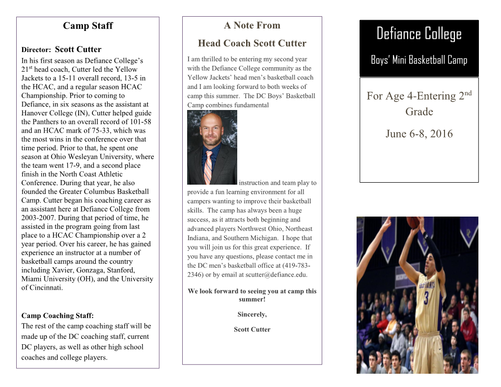 Defiance College Men's Basketball Camps