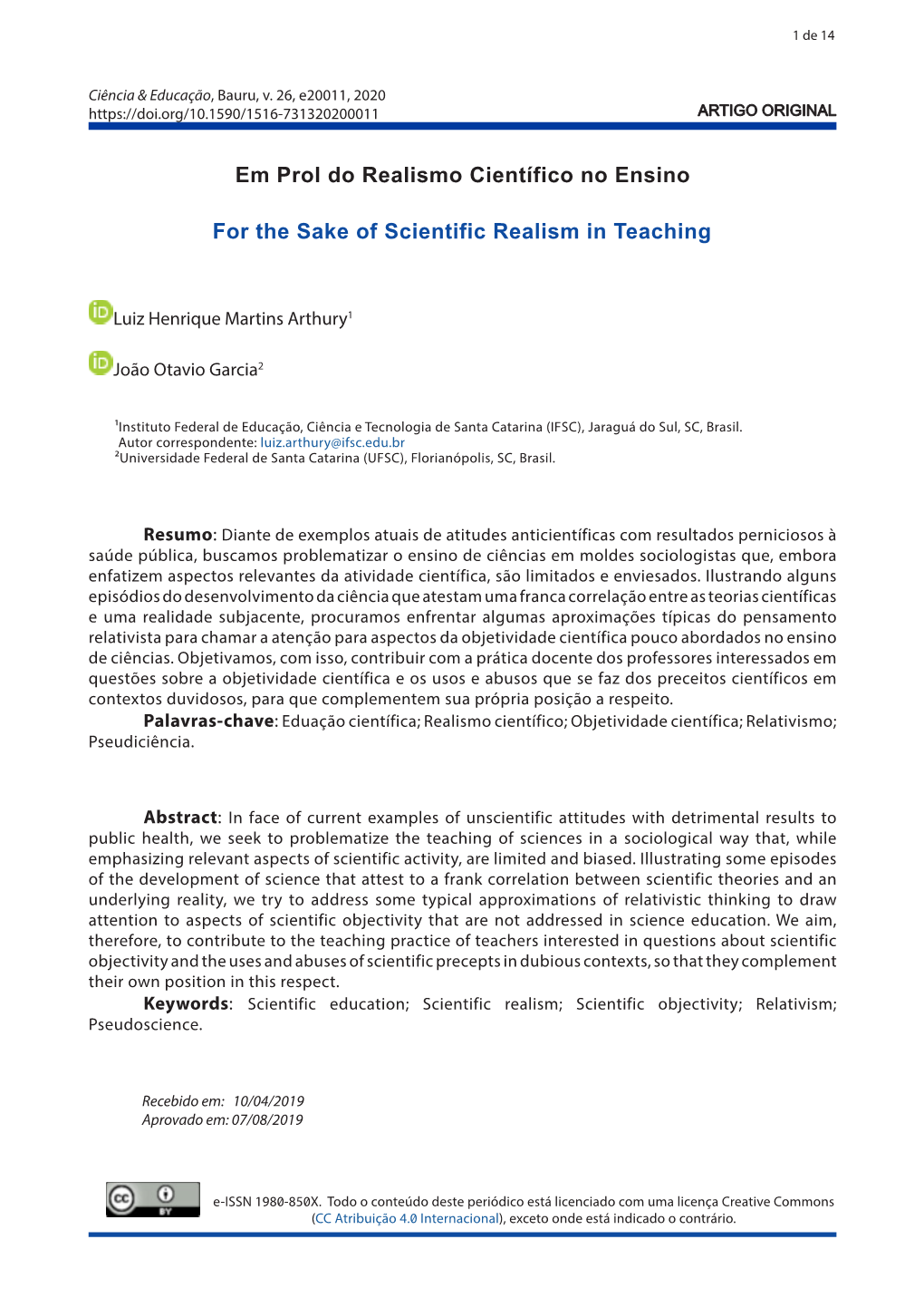 Em Prol Do Realismo Científico No Ensino for the Sake of Scientific Realism in Teaching