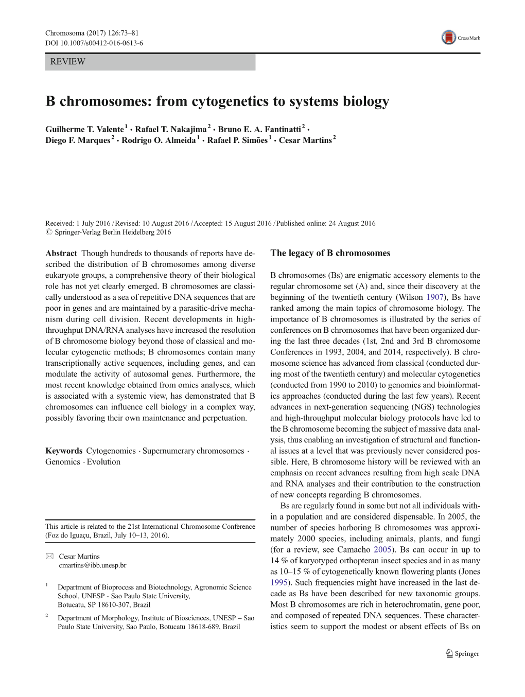 B Chromosomes: from Cytogenetics to Systems Biology