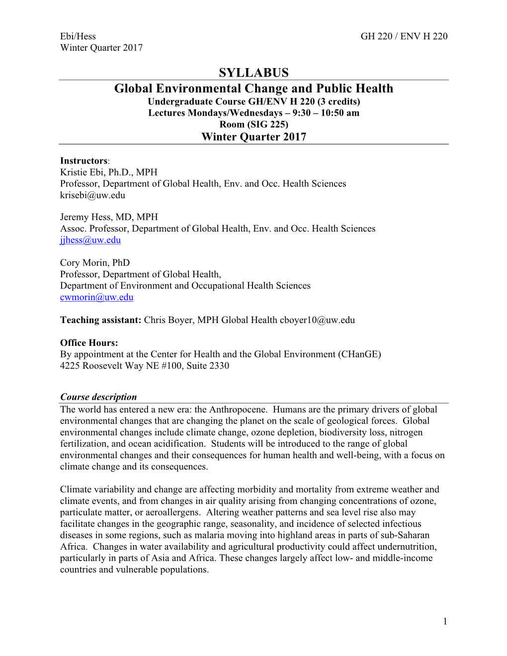 SYLLABUS Global Environmental Change and Public Health