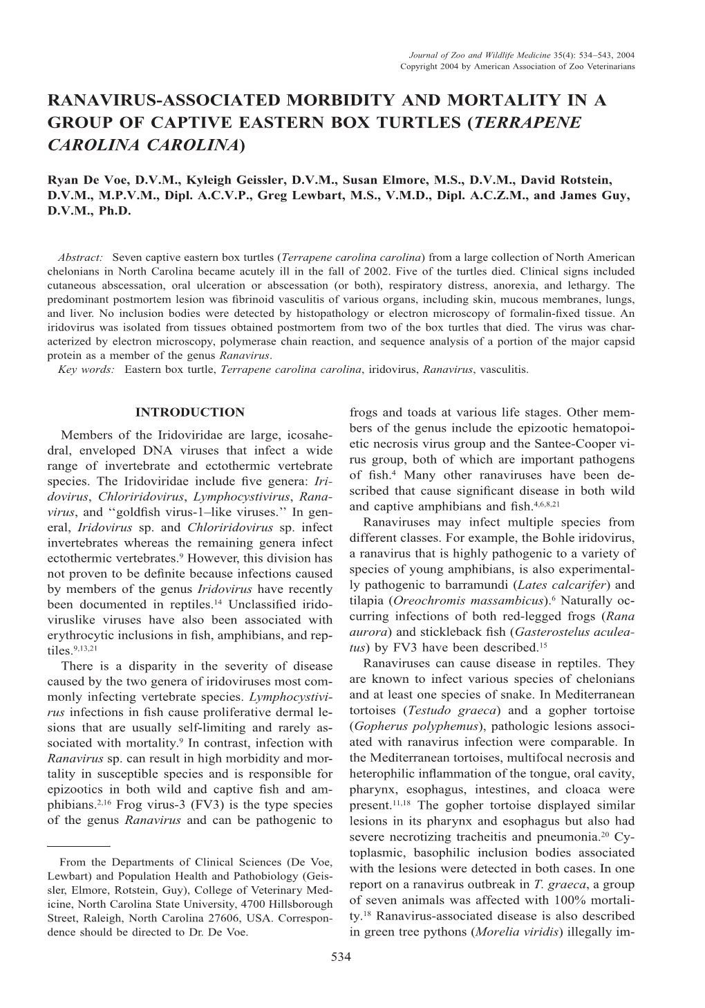 Ranavirus-Associated Morbidity and Mortality in a Group of Captive Eastern Box Turtles (Terrapene Carolina Carolina)