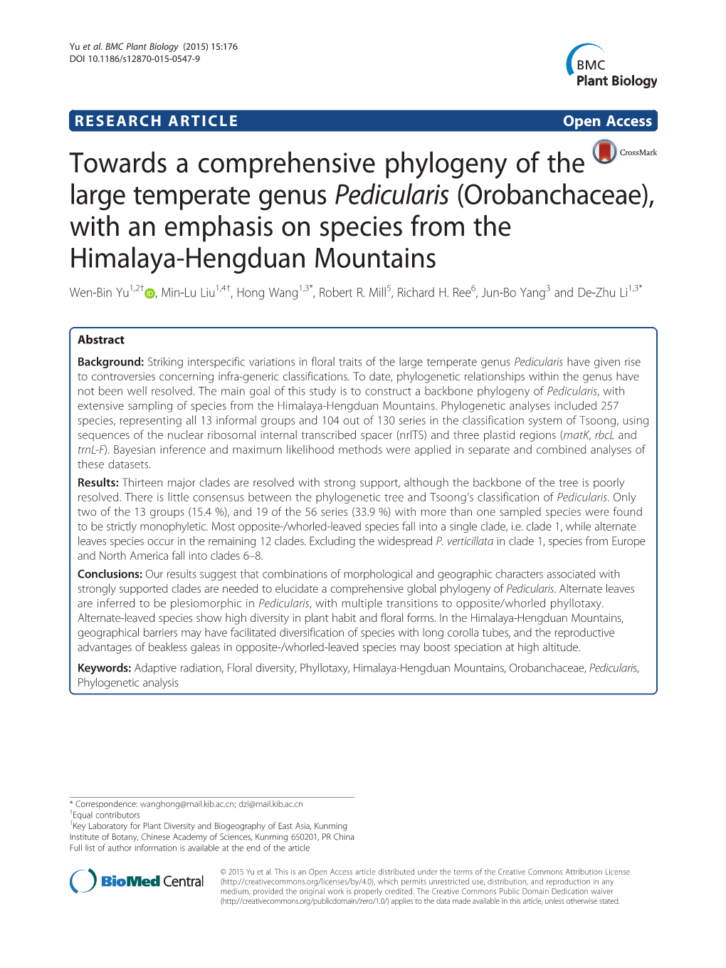 Orobanchaceae), with an Emphasis on Species from the Himalaya-Hengduan Mountains Wen-Bin Yu1,2† , Min-Lu Liu1,4†, Hong Wang1,3*, Robert R