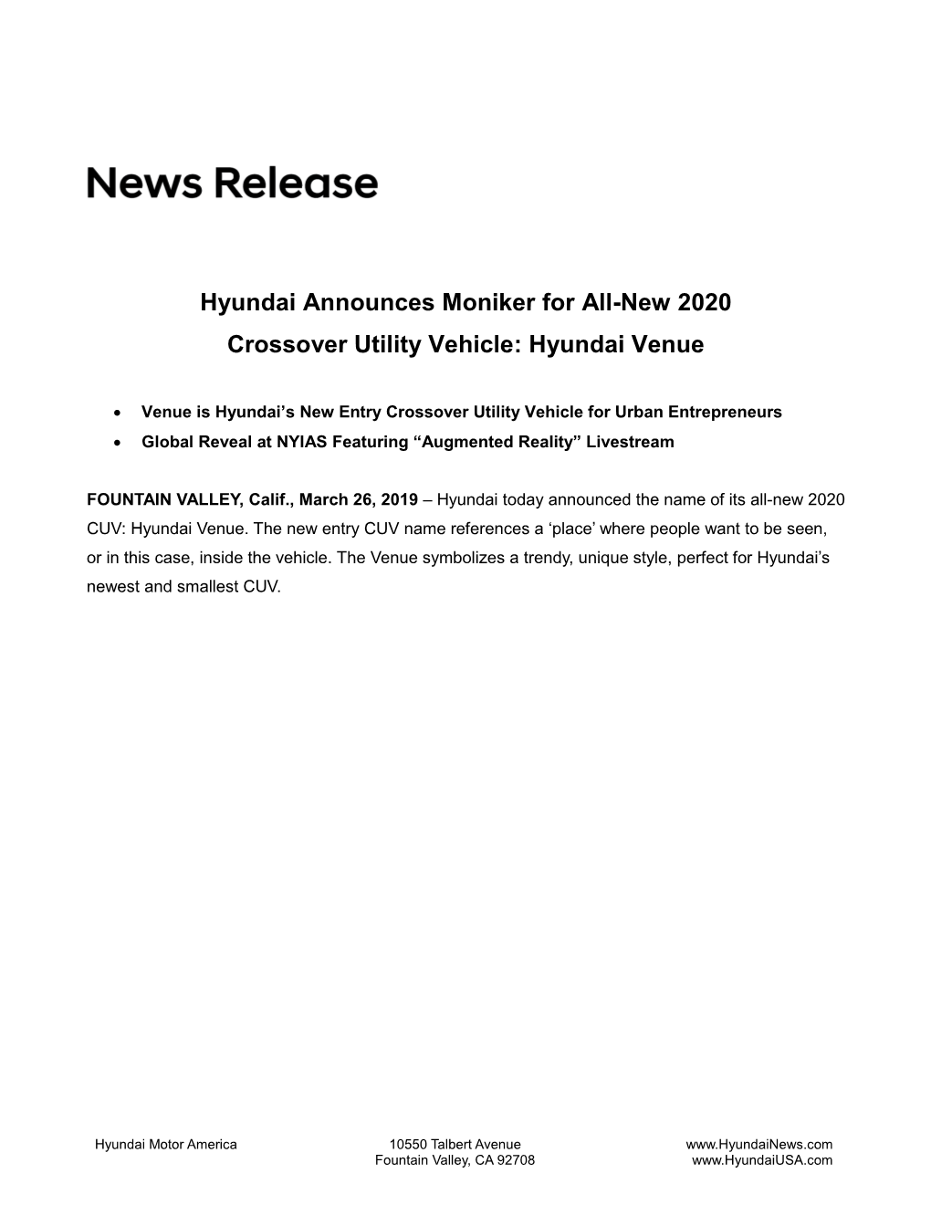 Hyundai Announces Moniker for All-New 2020 Crossover Utility Vehicle: Hyundai Venue