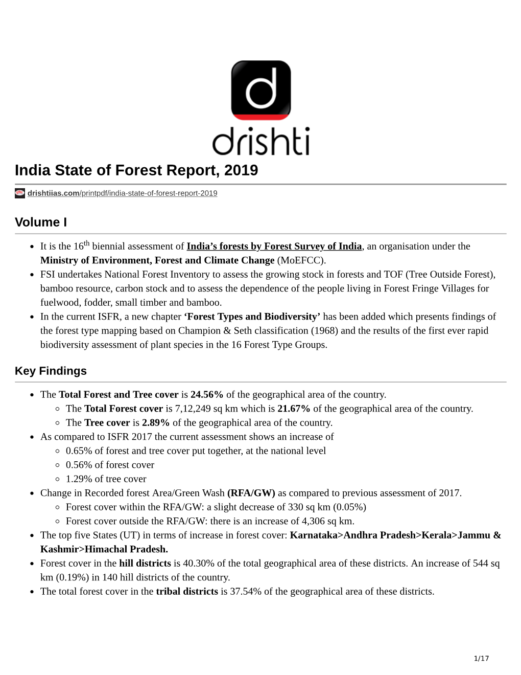 India State of Forest Report, 2019