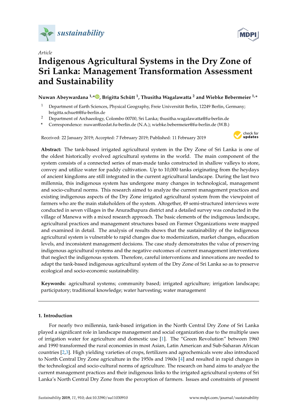 Indigenous Agricultural Systems in the Dry Zone of Sri Lanka: Management Transformation Assessment and Sustainability