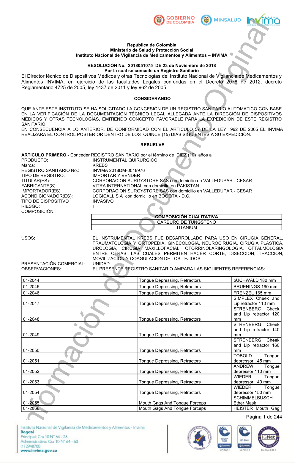 Información Del Documento Original República De Colombia Ministerio De Salud Y Protección Social Instituto Nacional De Vigilancia De Medicamentos Y Alimentos – INVIMA