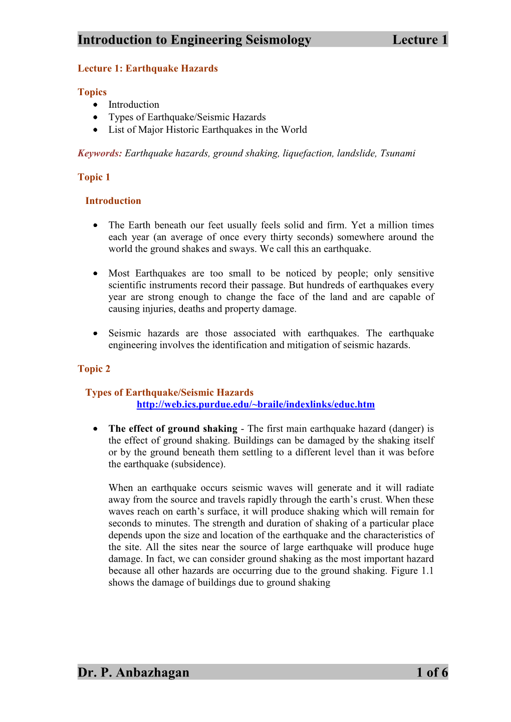 Introduction to Engineering Seismology Lecture 1 Dr. P