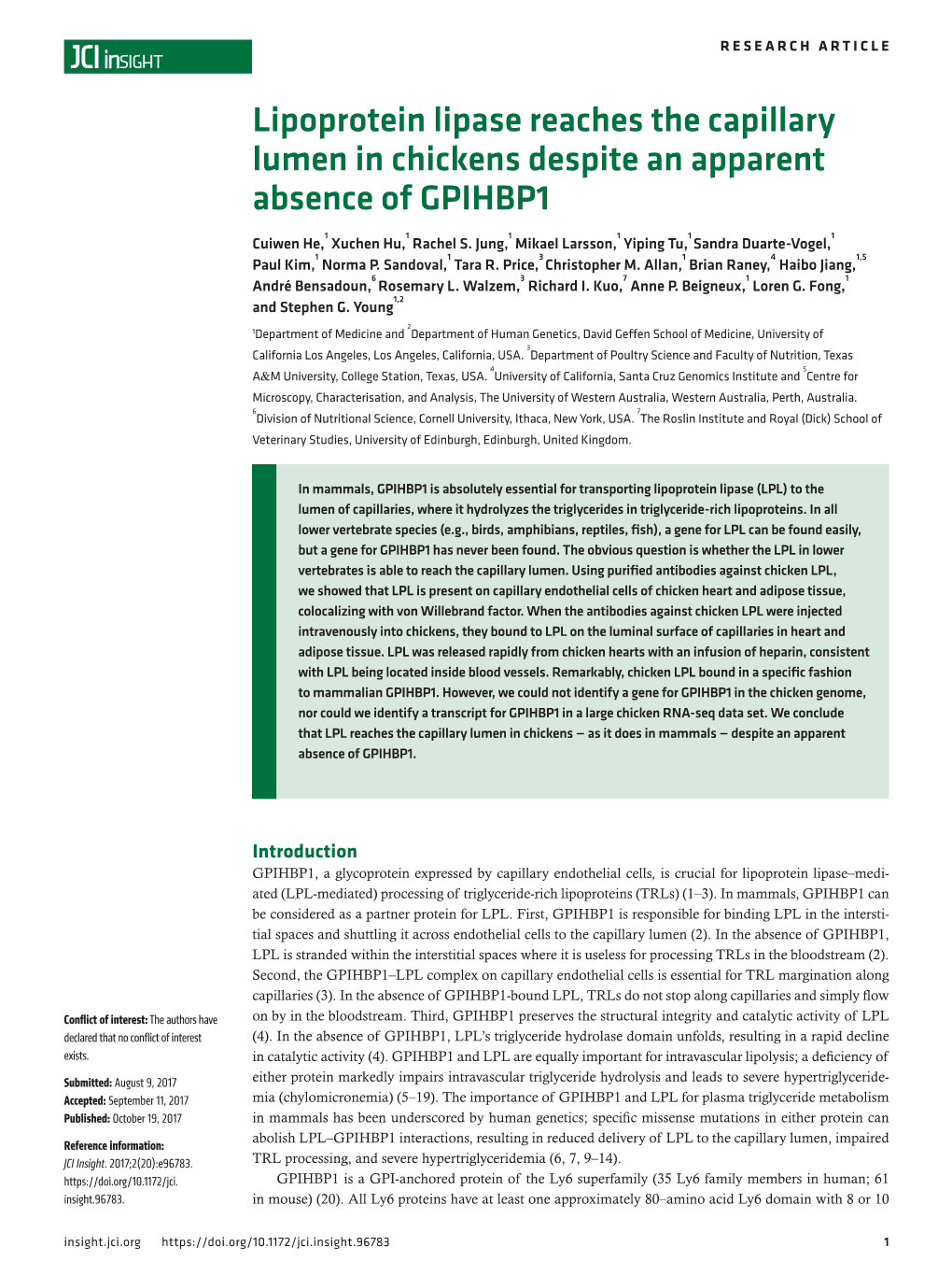 Lipoprotein Lipase Reaches the Capillary Lumen in Chickens Despite an Apparent Absence of GPIHBP1