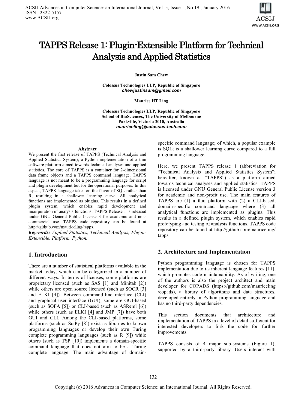 TAPPS Release 1: Plugin-Extensible Platform for Technical Analysis and Applied Statistics