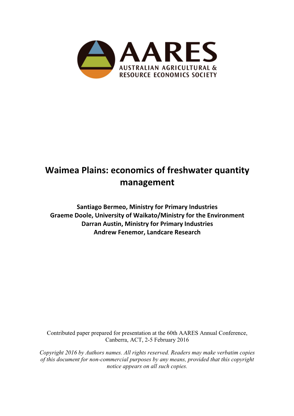 Waimea Plains: Economics of Freshwater Quantity Management