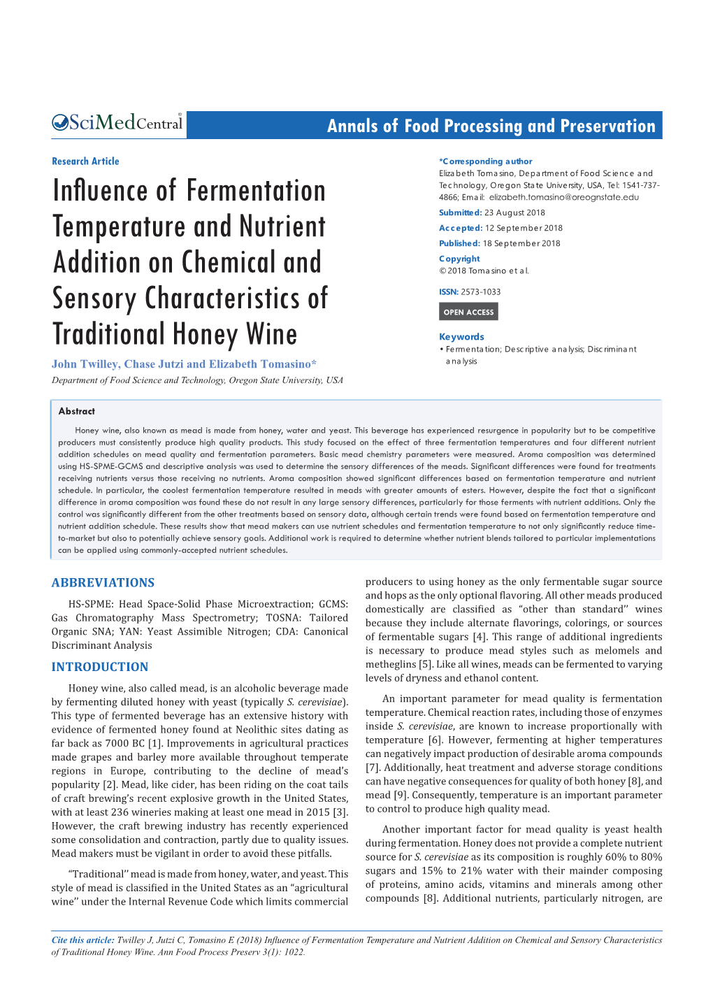 Influence of Fermentation Temperature and Nutrient Addition on Chemical and Sensory Characteristics of Traditional Honey Wine