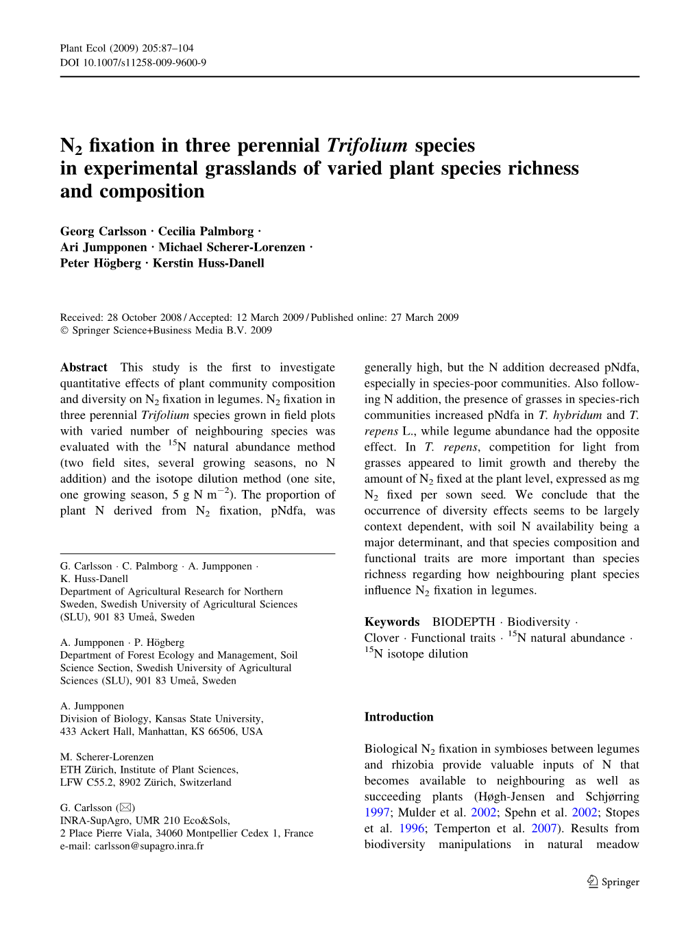 N2 Fixation in Three Perennial Trifolium Species in Experimental Grasslands