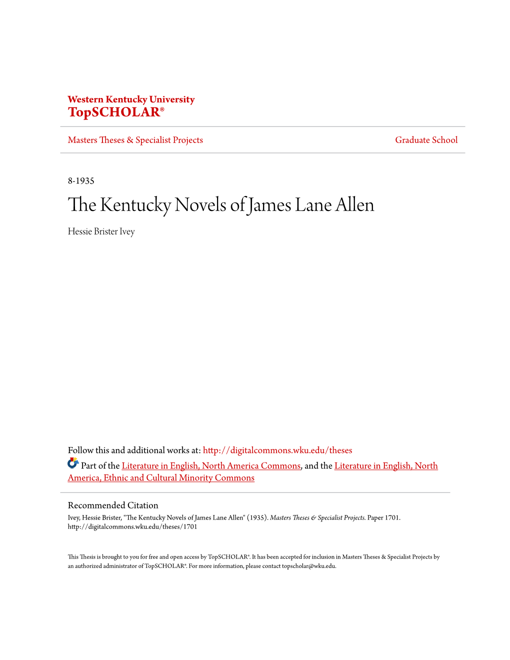 The Kentucky Novels of James Lane Allen Hessie Brister Ivey