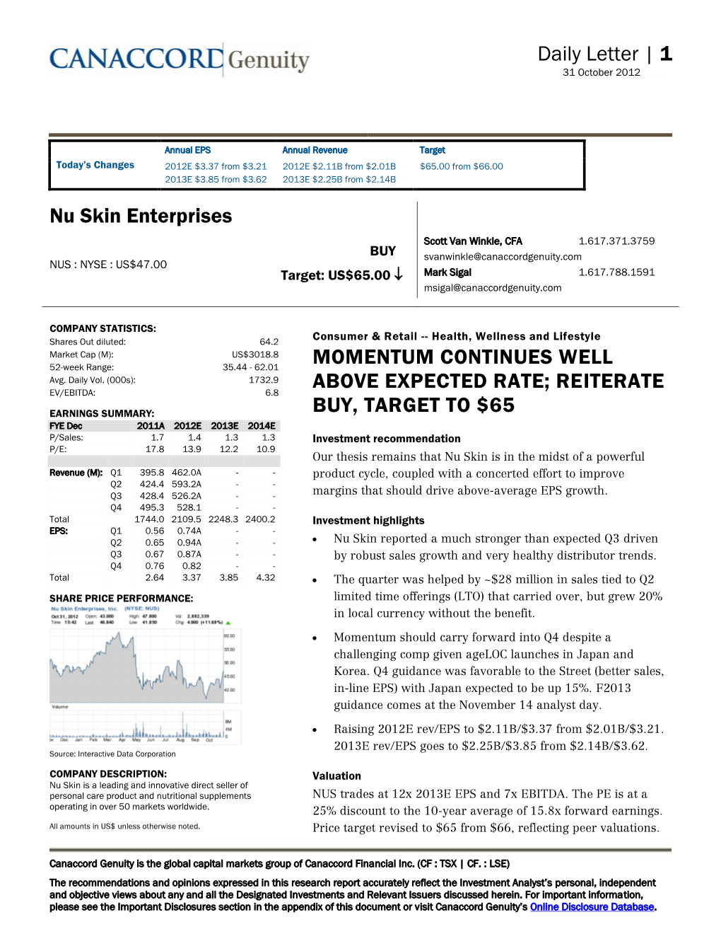 Daily Letter | 1 Nu Skin Enterprises MOMENTUM CONTINUES WELL