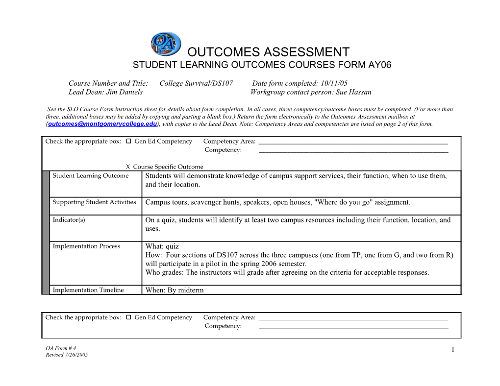 Student Learning Outcomes Courses Form Ay06