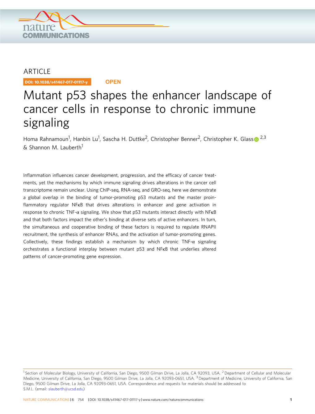 Mutant P53 Shapes the Enhancer Landscape of Cancer Cells in Response to Chronic Immune Signaling