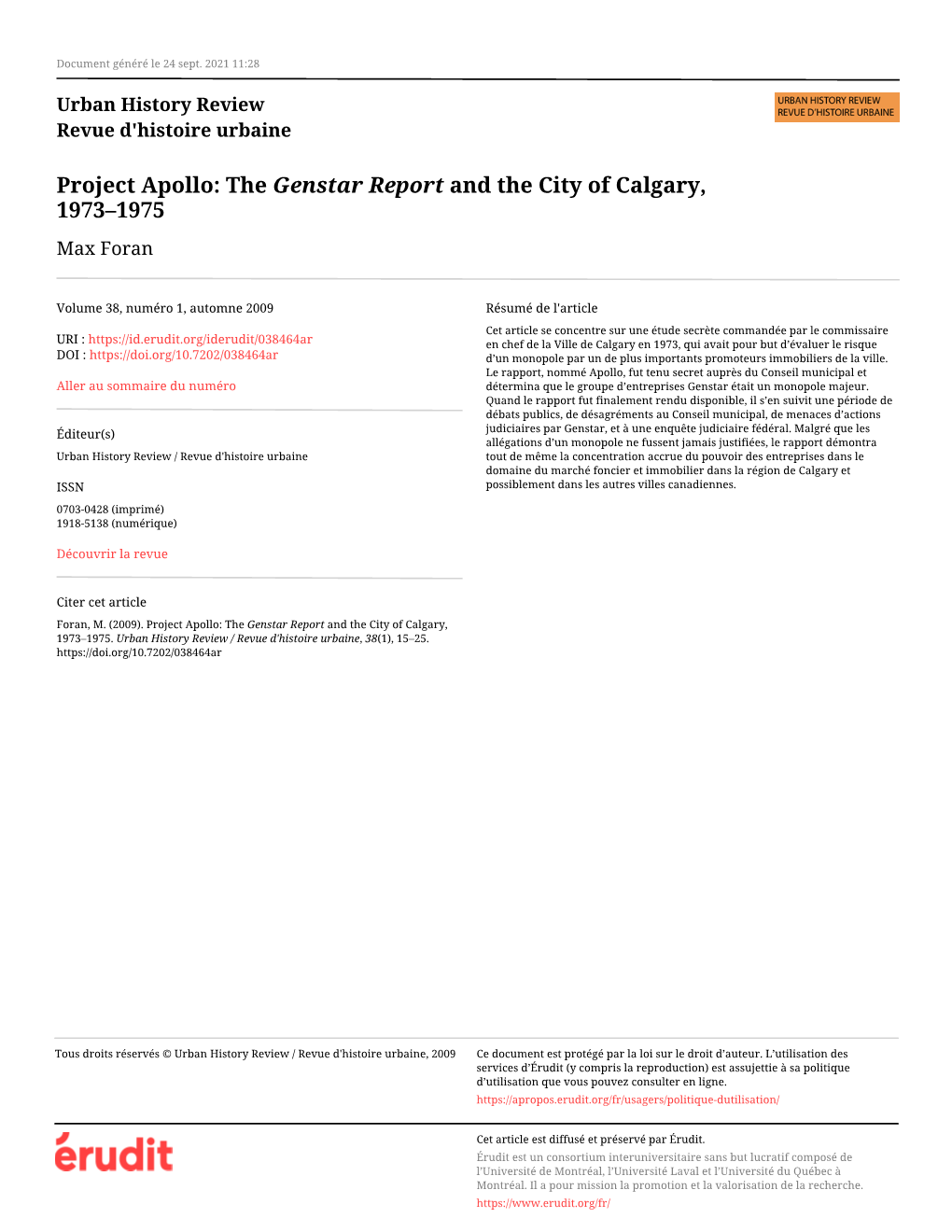 The Genstar Report and the City of Calgary, 1973–1975 Max Foran