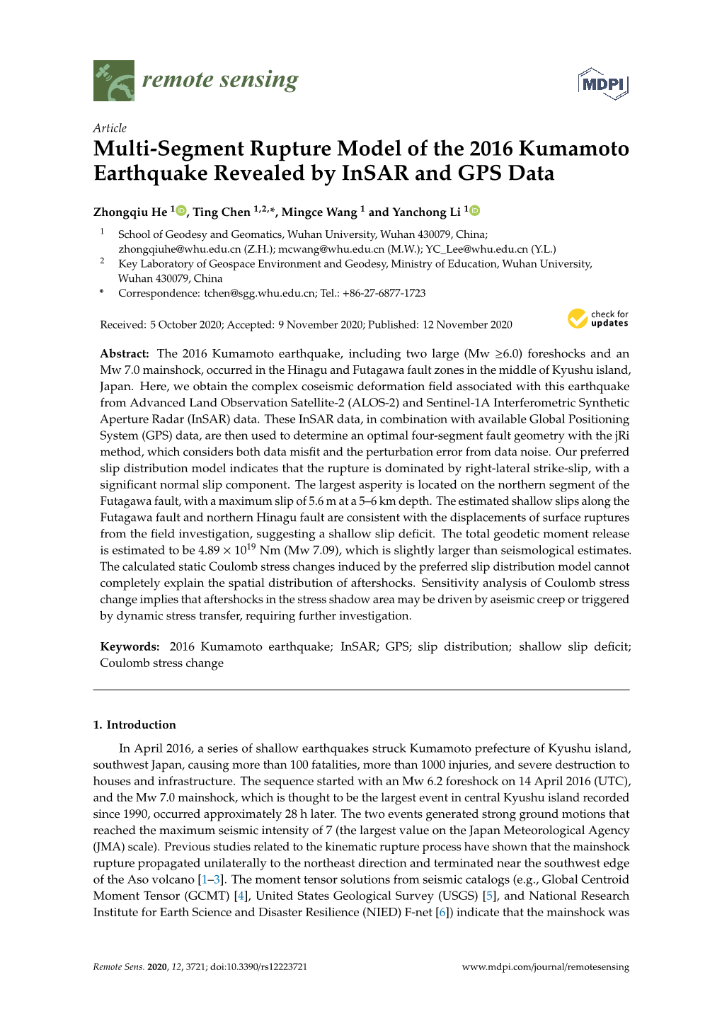 Multi-Segment Rupture Model of the 2016 Kumamoto Earthquake Revealed by Insar and GPS Data