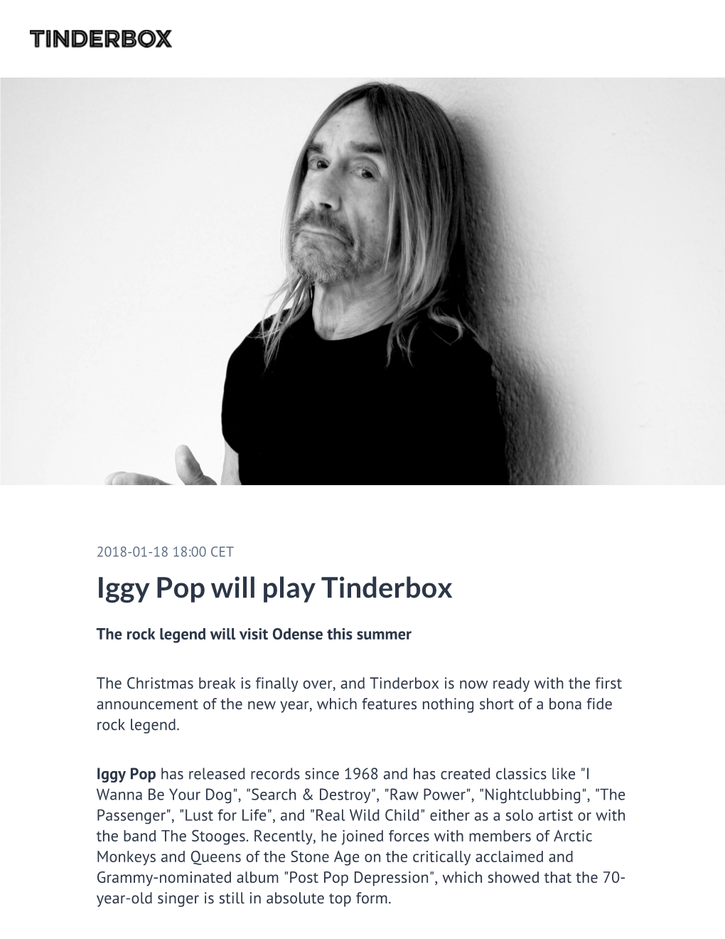 ​Iggy Pop Will Play Tinderbox