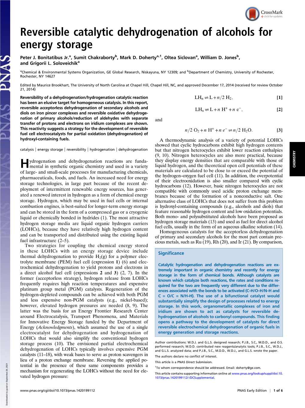 Reversible Catalytic Dehydrogenation of Alcohols for Energy Storage