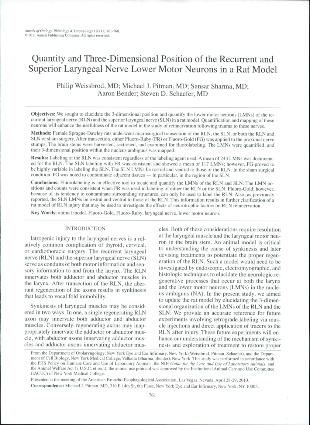 Quantity and Three-Dimensional Position of the Recurrent and Superior Laryngeal Nerve Lower Motor Neurons in a Rat Model