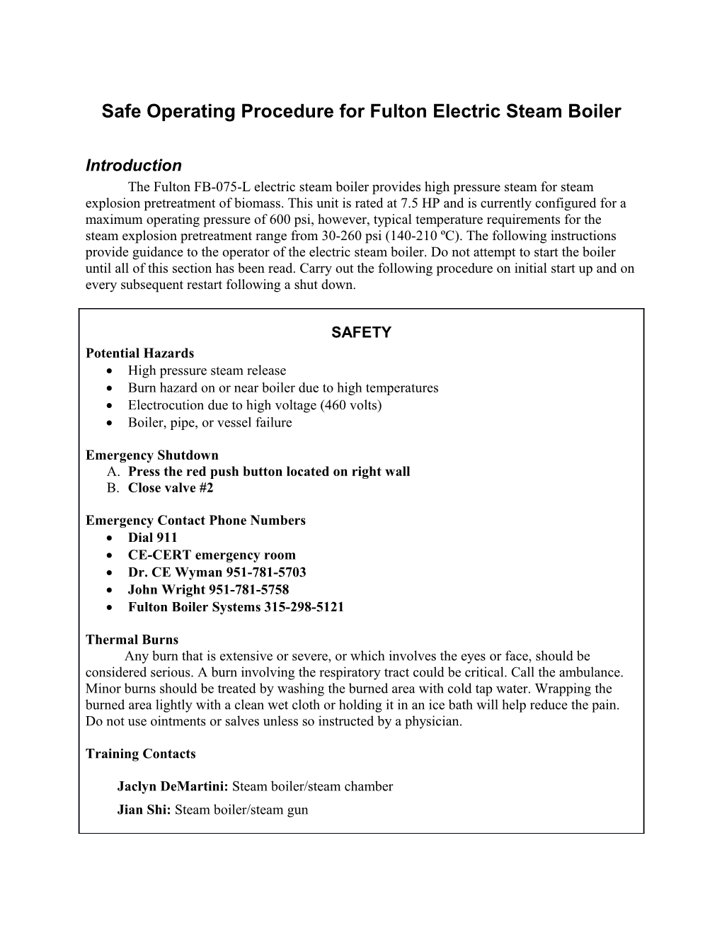 Safe Operating Procedure for Steam Explosion Pretreatment