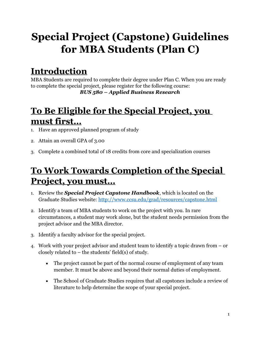 Special Project (Capstone) Guidelines for MBA Students (Plan C)