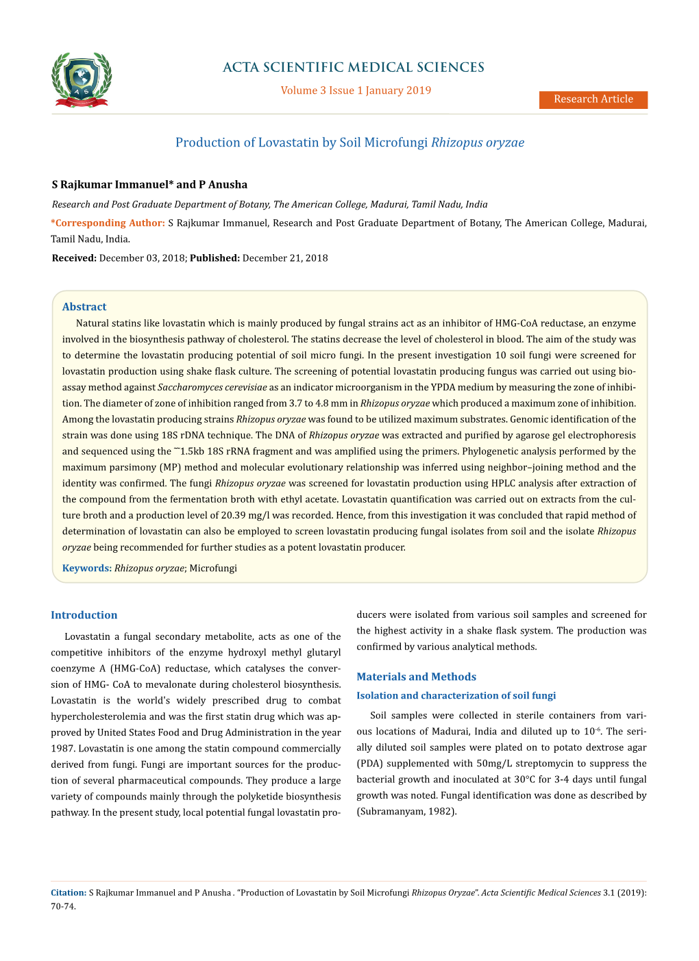 Production of Lovastatin by Soil Microfungi Rhizopus Oryzae