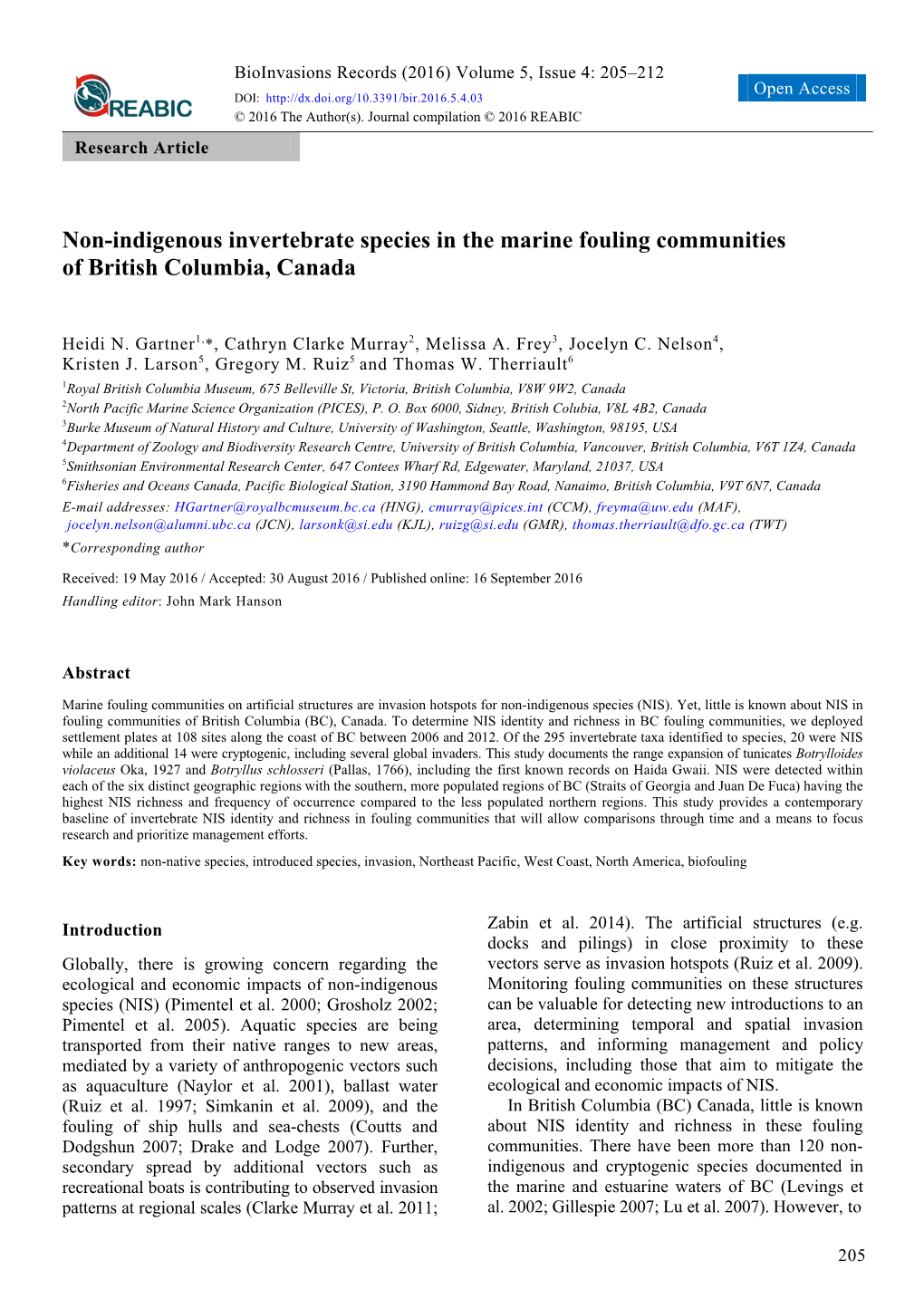 Non-Indigenous Invertebrate Species in the Marine Fouling Communities of British Columbia, Canada