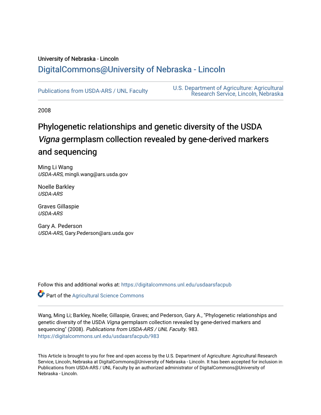 Phylogenetic Relationships and Genetic Diversity of the USDA Vigna Germplasm Collection Revealed by Gene-Derived Markers and Sequencing