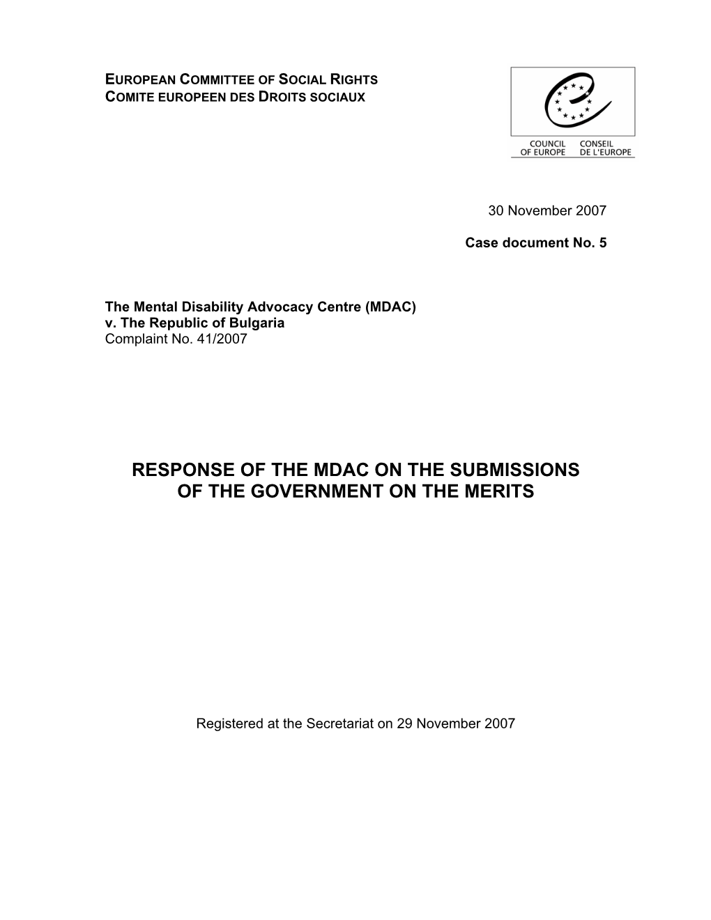 Response of the Mdac on the Submissions of the Government on the Merits