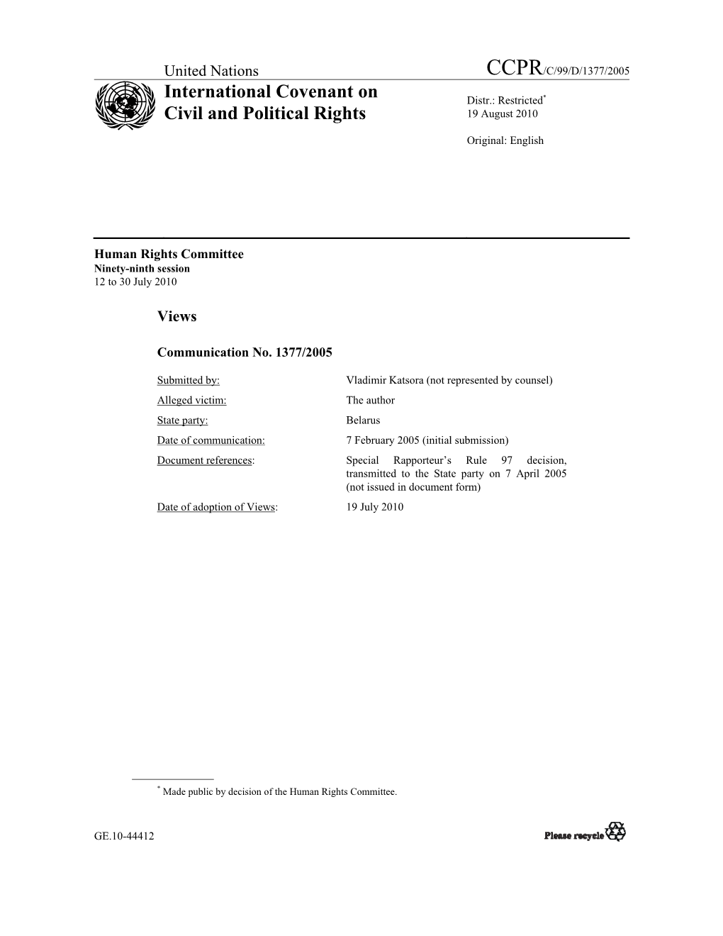 International Covenant on Civil and Political Rights (Ninety-Ninth Session)