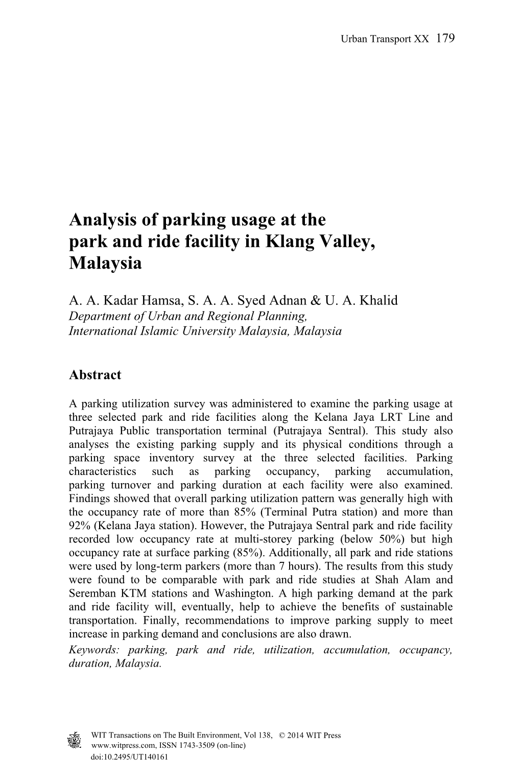 Analysis of Parking Usage at the Park and Ride Facility in Klang Valley, Malaysia