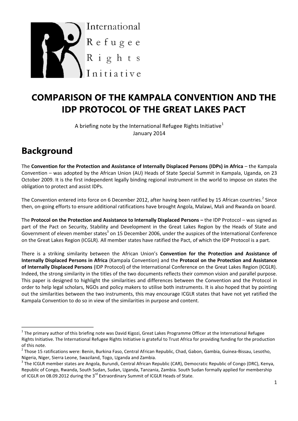 COMPARISON of the KAMPALA CONVENTION and the IDP PROTOCOL of the GREAT LAKES PACT Background