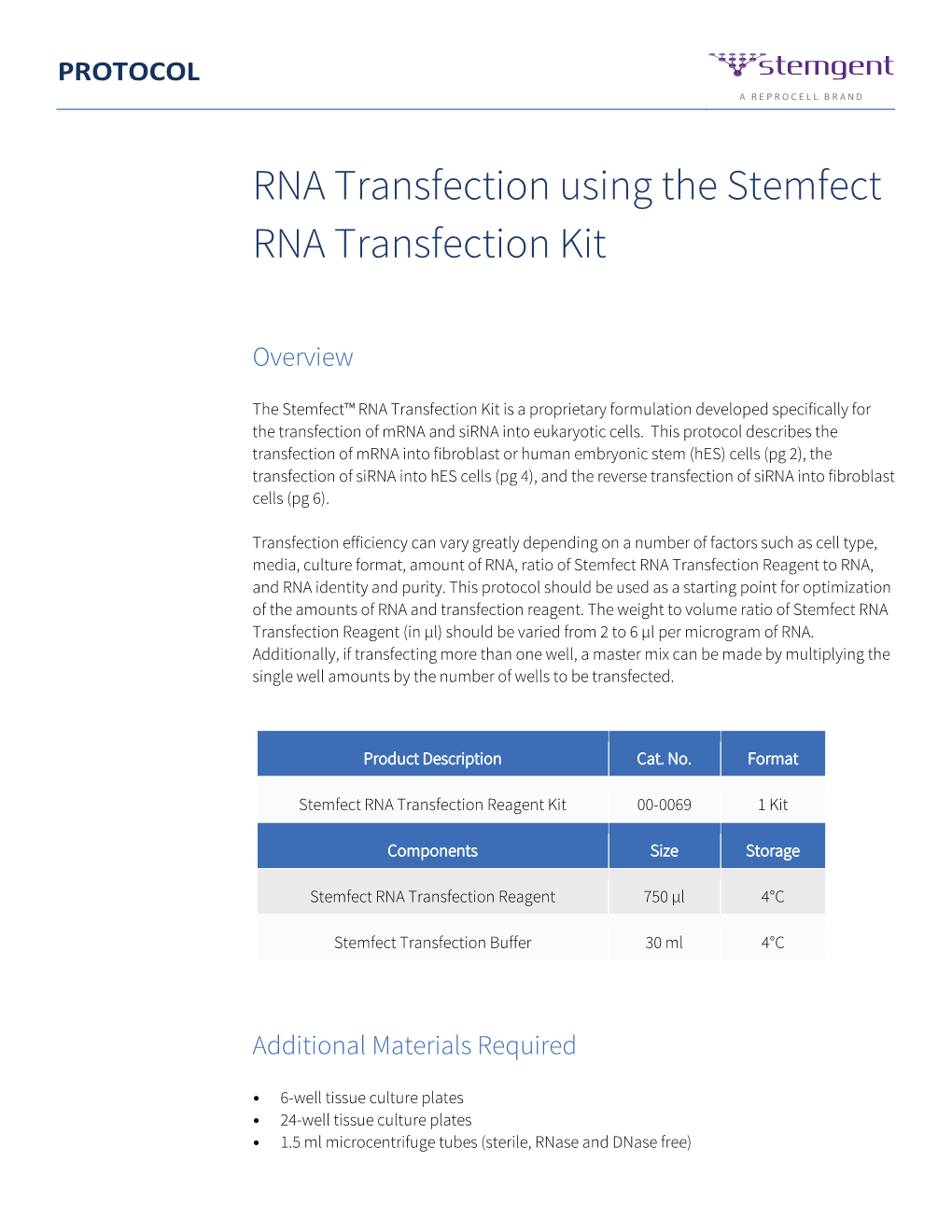 PROTOCOL: RNA Transfection Using the Stemfect RNA Transfection Kit Page 2 of 6