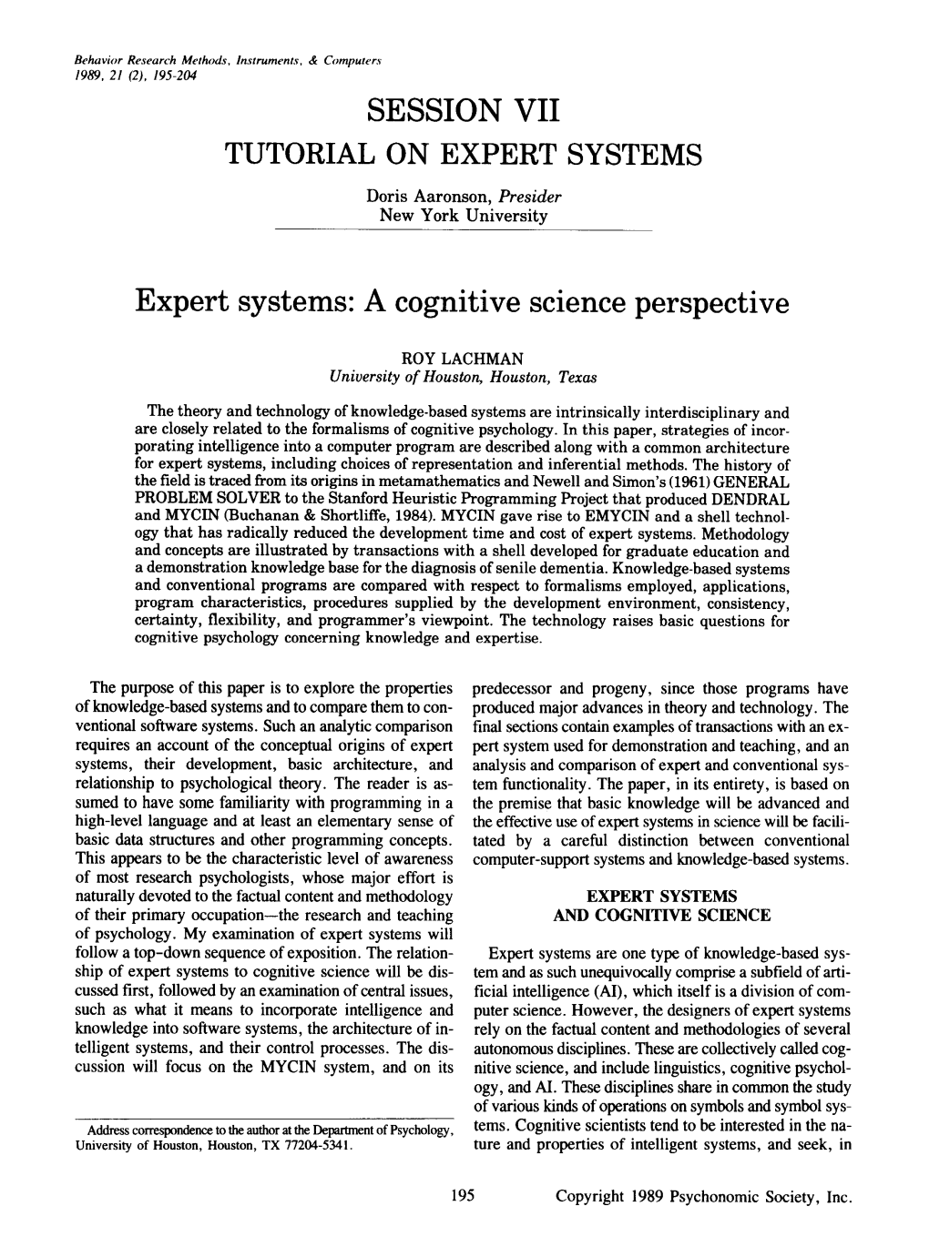 Expert Systems: a Cognitive Science Perspective