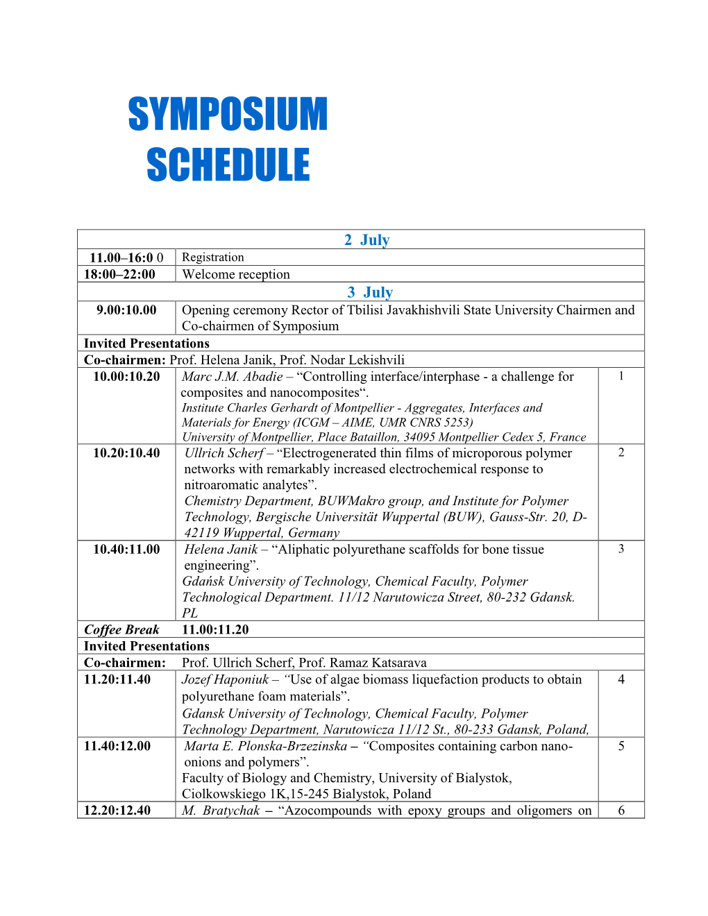 Symposium Schedule