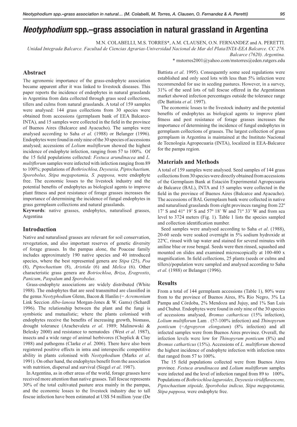 Neotyphodium Spp.-Grass Association in Natural Grassland in Argentina