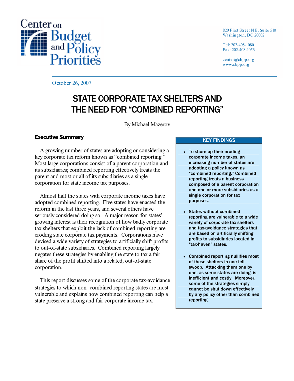 State Corporate Tax Shelters and the Need for “Combined Reporting”