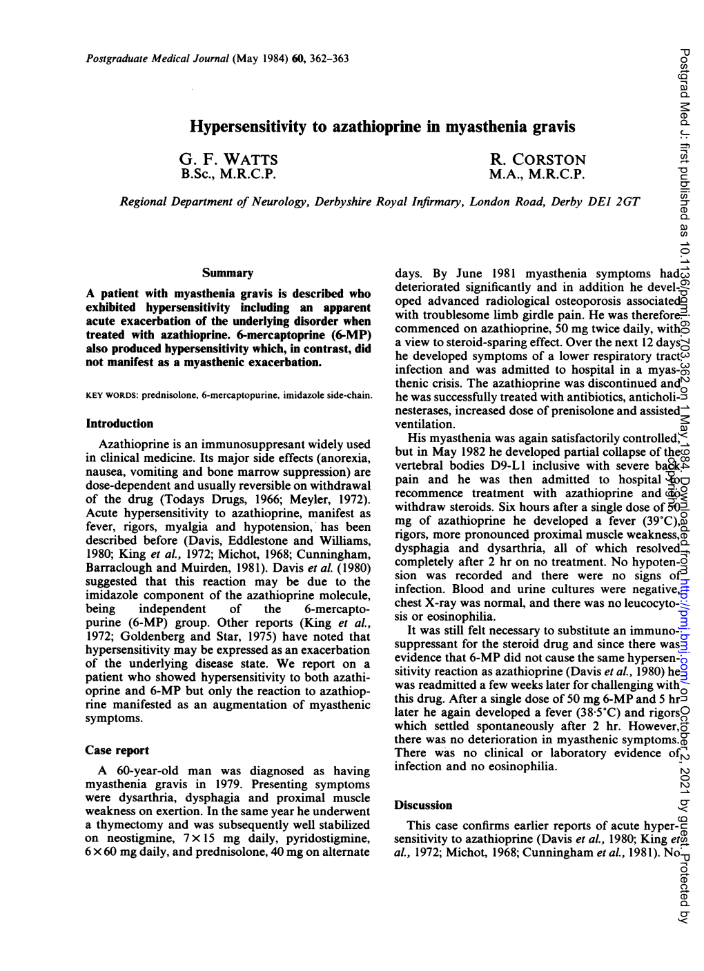 Hypersensitivity to Azathioprine in Myasthenia Gravis G. F. WATTS B.Sc., M.R.C.P. R. CORSTON