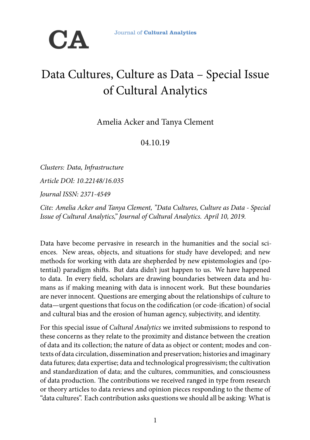 Special Issue of Cultural Analytics