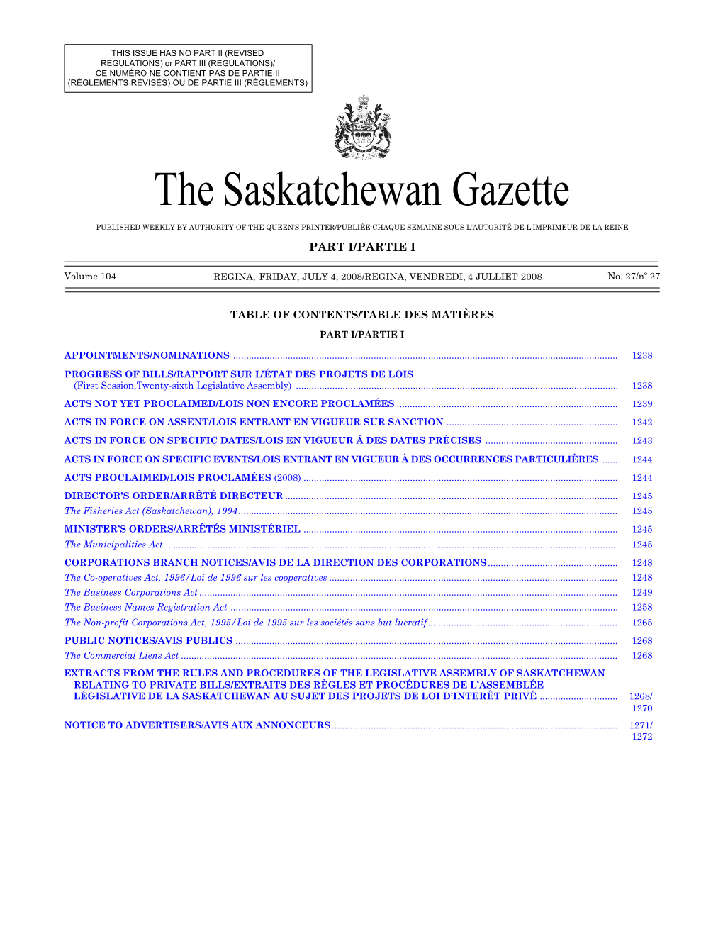 Sask Gazette, Part I, Jul 4, 2008