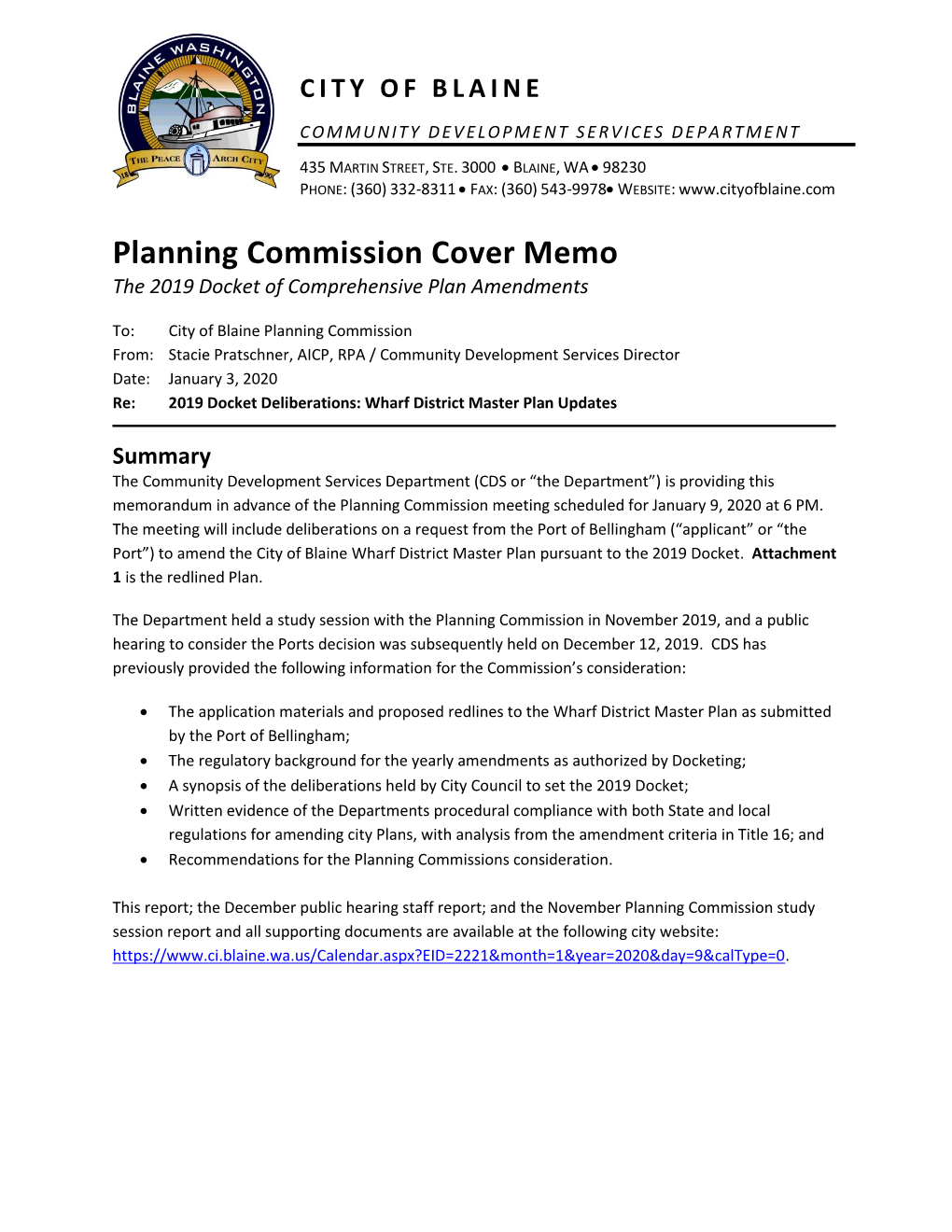 Planning Commission Cover Memo the 2019 Docket of Comprehensive Plan Amendments