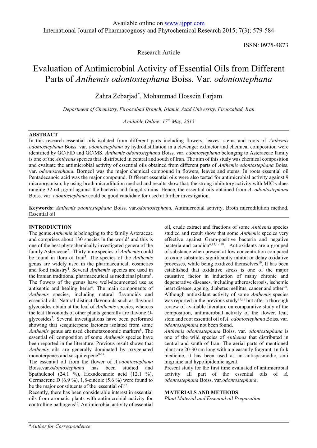 Evaluation of Antimicrobial Activity of Essential Oils from Different Parts of Anthemis Odontostephana Boiss